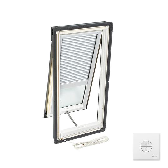 Velux Electric "Fresh Air" Deck-Mounted Skylight with Aluminum Cladding, Laminated Low-E3 Glass & White Solar Room Darkening Blind — VELVSEM08204CS00