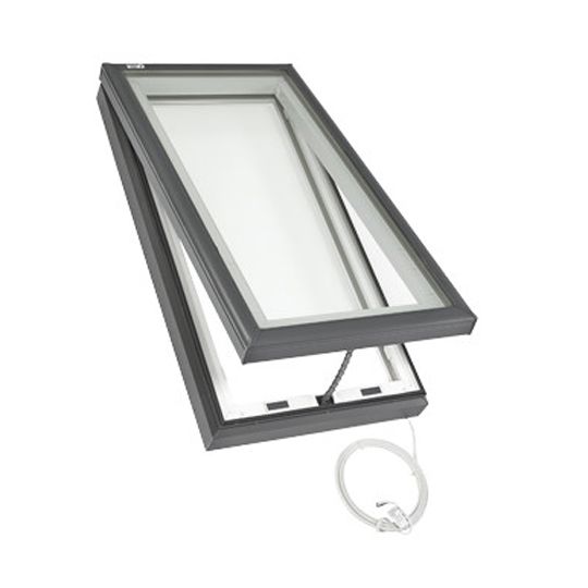 Velux Electric "Fresh Air" Deck-Mounted Skylight with Aluminum Cladding, Laminated Low-E3 Glass & White Light Filtering Blind — VELVSEM08004RM00