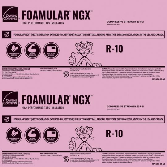 Owens Corning 2" x 4' x 8' Foamular NGX 600 Extruded Polystyrene (XPS) Rigid Foam Insulation
