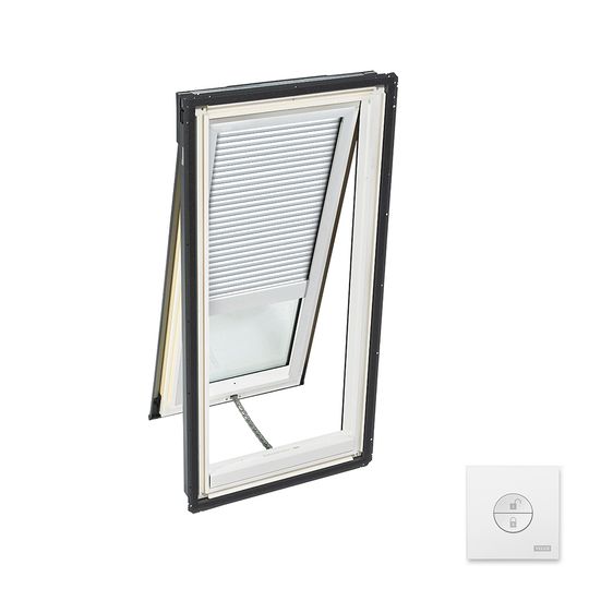 Velux Solar Powered "Fresh Air" Deck-Mounted Skylight with Aluminum Cladding, Laminated Low-E3 Glass & White Solar Room Darkening Blind — VELVSSMO62004CS0