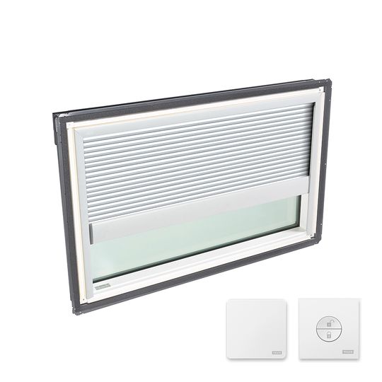 Velux Fixed Deck-Mounted Skylight with Aluminum Cladding, Laminated Low-E3 Glass & White Solar Room Darkening Blind — VELFSS012004CS00