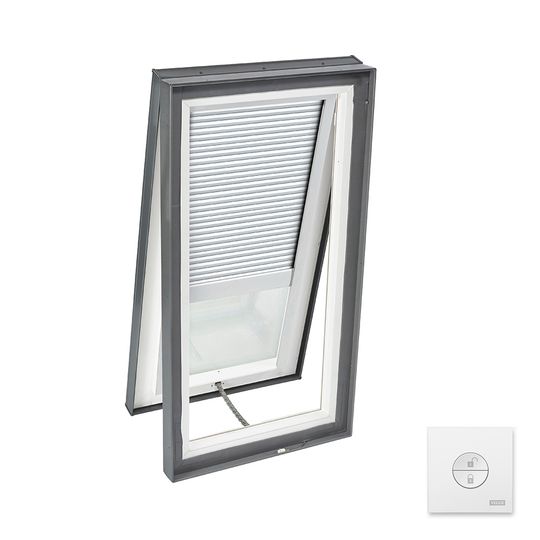 Velux Solar Powered "Fresh Air" Curb-Mounted Skylight with Aluminum Cladding, Laminated Low-E3 Glass & White Solar Room Darkening Blind — VELVCS30302004CS