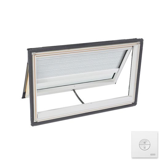 Velux Solar Powered "Fresh Air" Deck-Mounted Skylight with Aluminum Cladding, Laminated Low-E3 Glass & White Solar Room Darkening Blind — VELVSSS01204CS00