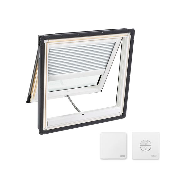 Velux Manual "Fresh Air" Deck-Mounted Skylight with Aluminum Cladding, Laminated Low-E3 Glass & White Solar Room Darkening Blind — VELVSC012004CS00
