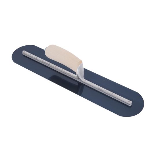 Marshalltown 18" x 4" Round End Blue Steel Finishing Trowel with Curved Wood Handle