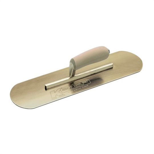 Kraft Tool 16" x 4" Golden Stainless Steel Pool Trowel with Camel Back Wood Handle on a Short Shank