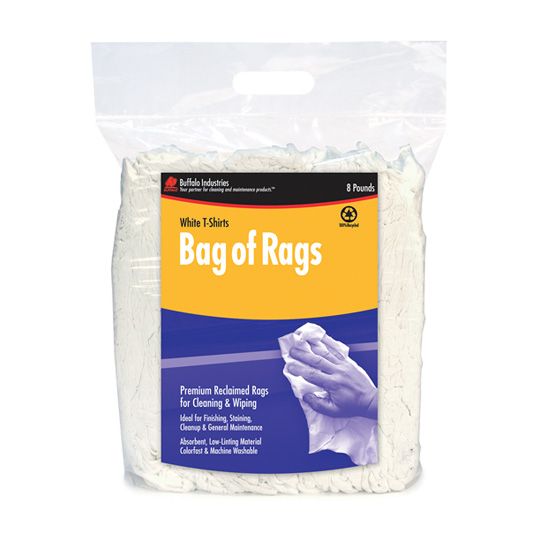 Paint Sundries Solutions Buffalo Industries #10526 Recycled White T-Shirts Cloth Rags - 8 Lb. Box