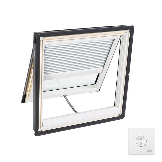 Velux Solar Powered "Fresh Air" Deck-Mounted Skylight with Aluminum Cladding, Laminated Low-E3 Glass & White Solar Room Darkening Blind — VELVSSC01204CS00