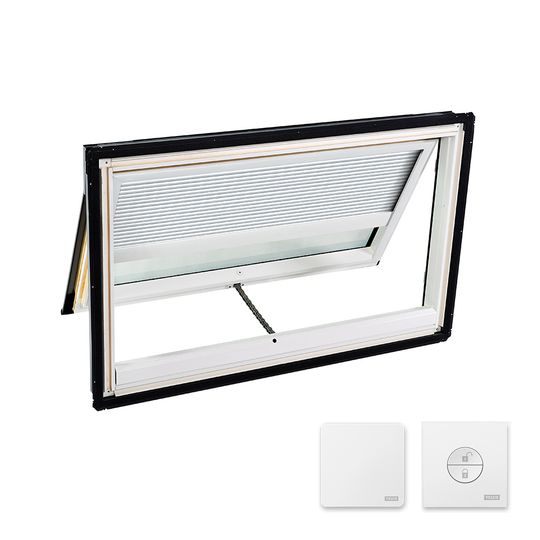 Velux Manual "Fresh Air" Deck-Mounted Skylight with Aluminum Cladding, Laminated Low-E3 Glass & White Solar Room Darkening Blind — VELVSS012004CS00
