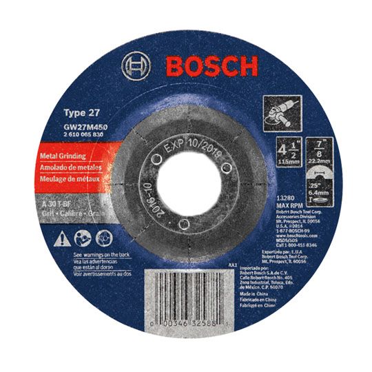 Bosch 4-1/2" x 1/4" x 7/8" Arbor Type 27 30 Grit Grinding Abrasive Wheel