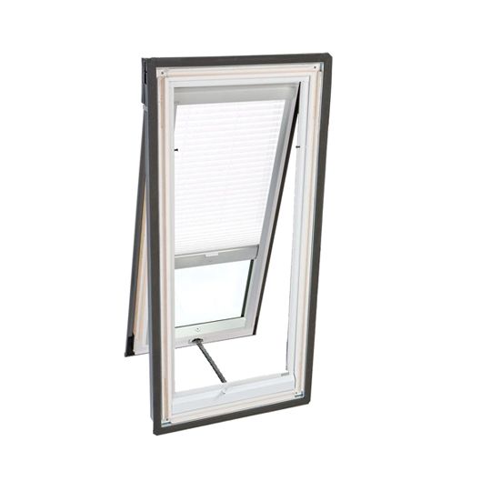 Velux Electric "Fresh Air" Deck-Mounted Skylight with Aluminum Cladding, Laminated Low-E3 Glass & White Light Filtering Blind — VELVSEM04004RM00