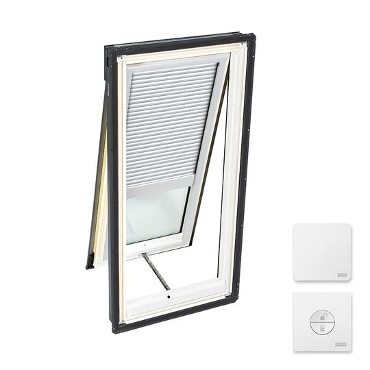 Velux Manual "Fresh Air" Deck-Mounted Skylight with Aluminum Cladding, Laminated Low-E3 Glass & White Solar Room Darkening Blind — VELVSC042004CS00
