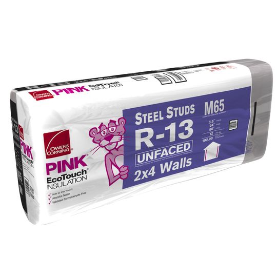 Owens Corning 3-1/2" x 24" x 96" R-13 M65 EcoTouch Pink Fiberglas Unfaced Batt Insulation with PureFiber Technology - 192 Sq. Ft. Bag