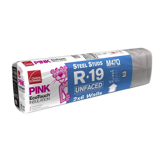 Owens Corning 6-1/4" x 16" x 96" R-19 M47Q EcoTouch Pink Fiberglas Unfaced Batt Insulation with PureFiber Technology - 85.33 Sq. Ft. Bag