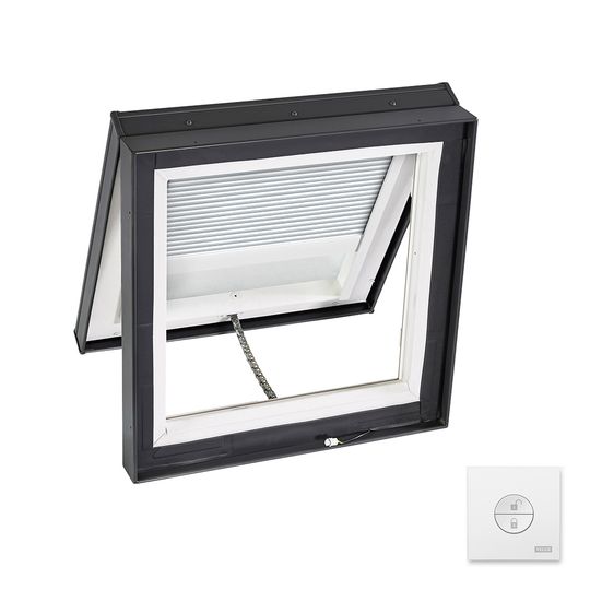Velux Solar Powered "Fresh Air" Curb-Mounted Skylight with Aluminum Cladding, Laminated Low-E3 Glass & White Solar Room Darkening Blind — VELVCS4646CS00